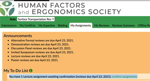 This image shows the link location to confirm assignments for reviews.